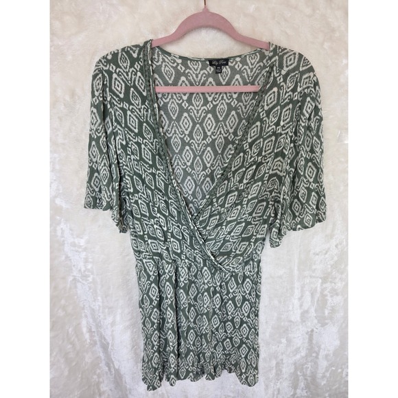 Lily Rose Pants - Lily Rose Sage Green Ikat Diamond Print Surplice Romper XXL Pom Pom Trim Rayon